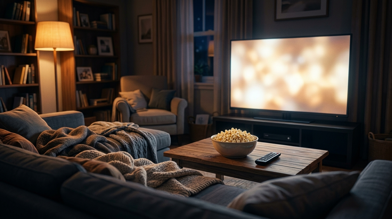 夜のリビングで映画を観る準備が整った部屋のイラスト
