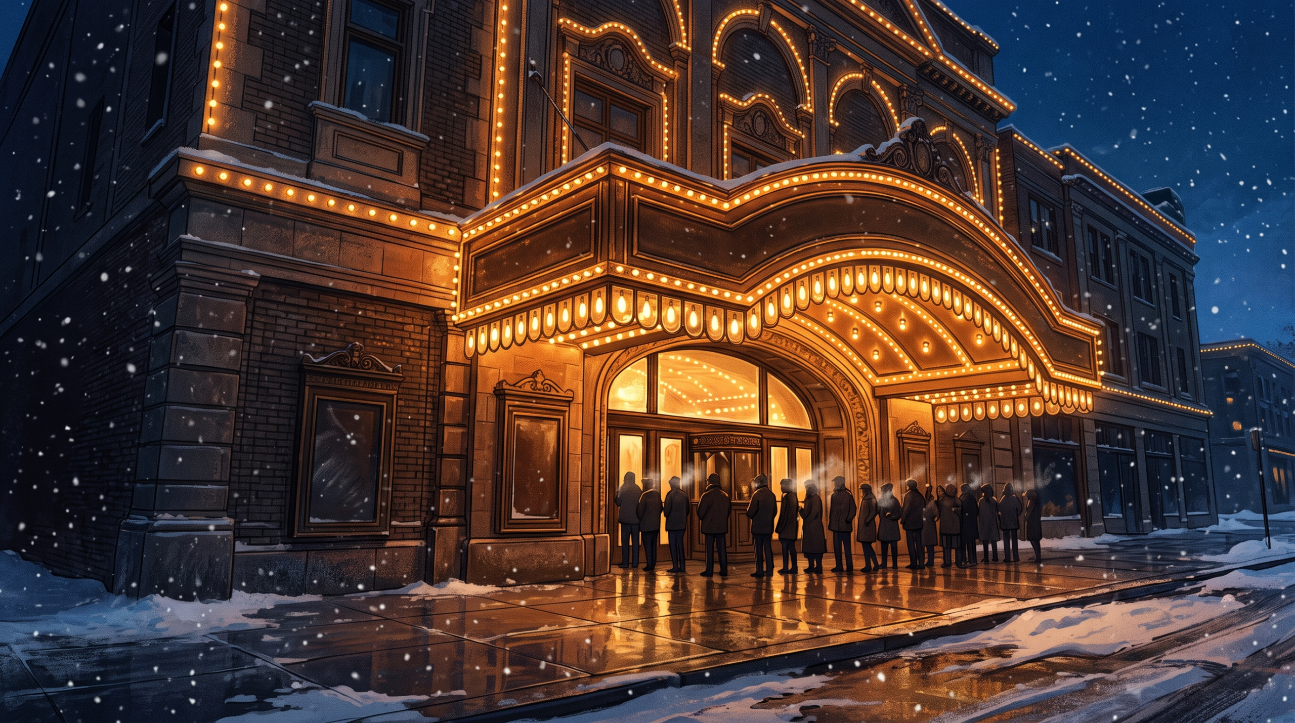 雪の降る冬の夜に明かりを灯す映画館の外観のイラスト